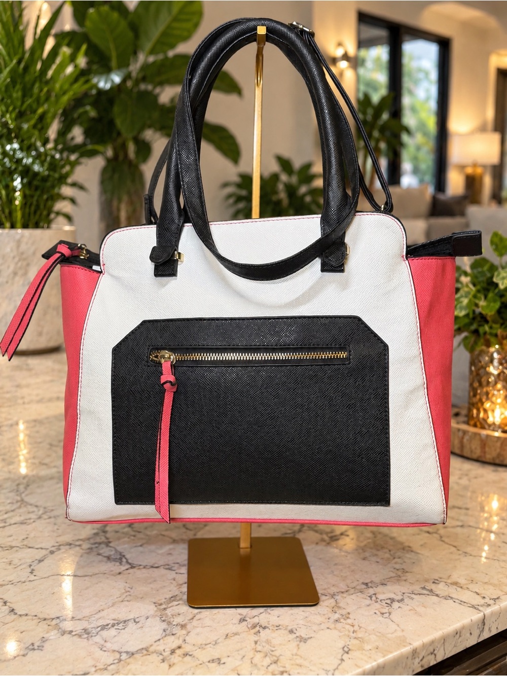 Tricolor Tote Bag - Black White Pink